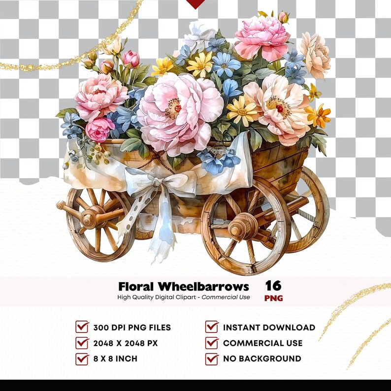 May include: Watercolor illustration of a wooden wheelbarrow overflowing with pink, blue, and yellow flowers. The wheelbarrow has a white ribbon tied to it. Text at the bottom reads "Floral Wheelbarrows" and "16 PNG".