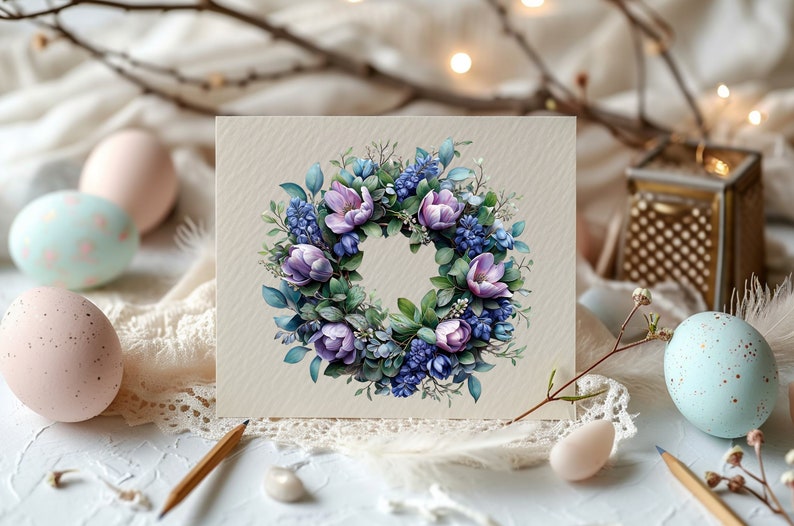 K&ouml;nnte beinhalten: Eine Karte mit einem Aquarellkranz aus lila und blauen Blumen und gr&uuml;nen Bl&auml;ttern. Der Kranz befindet sich auf einem beigefarbenen Hintergrund. Die Karte ist von Ostereiern und einer Feder umgeben.