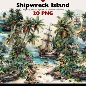 難破船の島のクリップアート バンドル、海賊の島の水彩画の印刷物、無人島の PNG、熱帯の島のデジタル ダウンロード、ペーパー クラフト