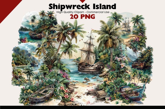 Shipwreck Island Clipart Bundle, Pirate Island Watercolor Printable, Deserted Island PNG, Tropical Island Digital Download, Paper Crafts