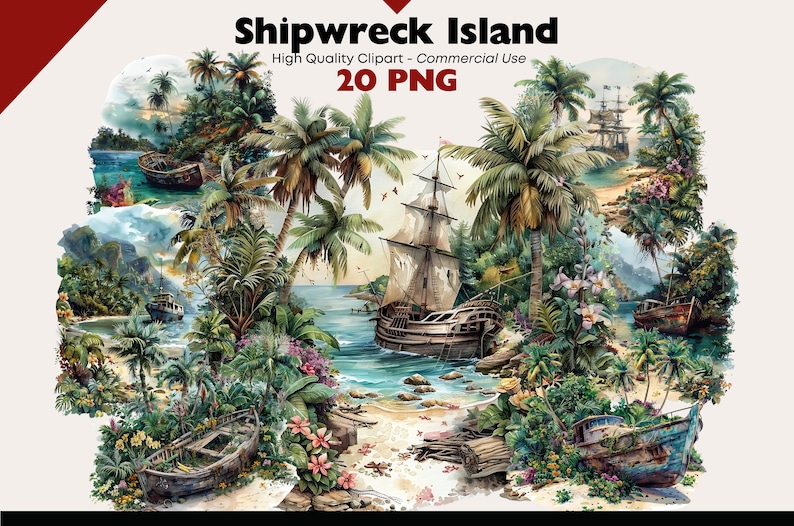 May include: A digital illustration of a tropical island with a shipwreck. The island is lush with palm trees, green foliage, and flowers. A large wooden ship is partially submerged in the turquoise water. The scene is painted in a watercolor style.