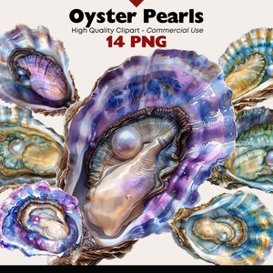 May include: A collection of seven iridescent oyster shells with pearls inside. The shells are various shades of blue, green, and purple.  The pearls are white and round.