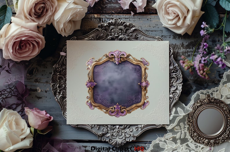 Puede incluir: Un marco dorado y morado de estilo vintage, adornado, con un fondo texturizado. El marco est&aacute; sobre una tarjeta blanca con un borde decorativo. La tarjeta est&aacute; sobre una bandeja plateada con un dise&ntilde;o floral. La bandeja est&aacute; rodeada de rosas rosas y blancas y flores moradas.