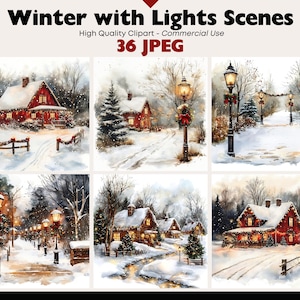 Winter Szenen Clipart Bundle verschneite Landschaften Grafiken digitaler Download JPEG Urlaub Kunst Aquarell Weihnachtsdorf Clipart kommerzielle Nutzung