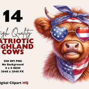 May include: A Highland cow wearing a red, white, and blue bandana and heart-shaped sunglasses with an American flag design. The cow has a friendly expression and is looking directly at the viewer.