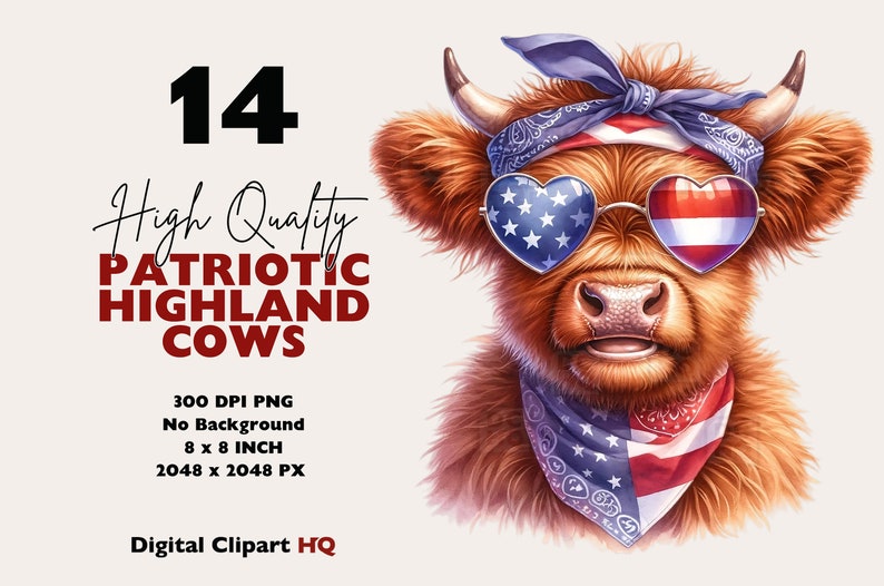 May include: A Highland cow wearing a red, white, and blue bandana and heart-shaped sunglasses with an American flag design. The cow has a friendly expression and is looking directly at the viewer.