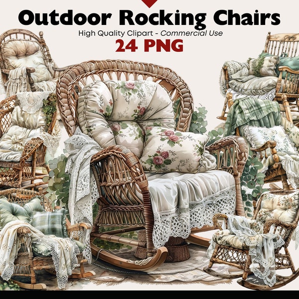 Vintage Rattan Rocking Chair Clipart, Cane Rocking Chair Watercolor, Porch PNG, Outdoor Furniture Printable, Garden Chair Digital Download