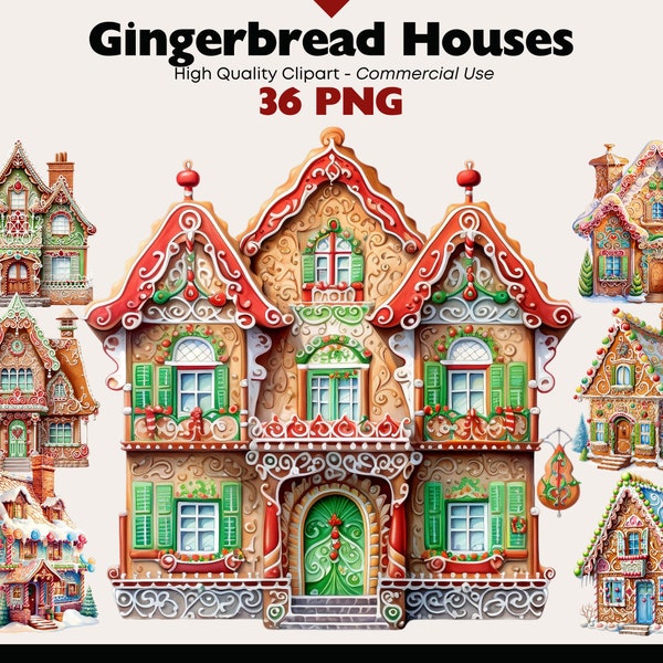 Gingerbread House Clipart Bundle, Gingerbread Watercolor, Cute Christmas Houses, Candy-Coated Home PNG, Christmas Digital Stickers, Holiday