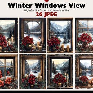 Winter Scenes Clipart Bundle Snowy Landscapes Graphics Digital Download JPEG Holiday Art Watercolor Christmas Window Clipart Commercial Use