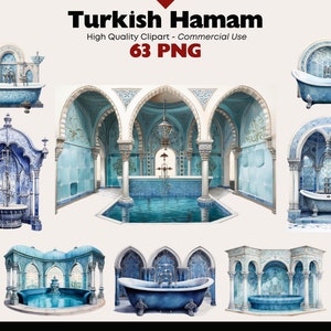 Turkse Hamam Clipart Bundel, Blauwe Badkuip PNG, Koninklijke Bad Graphics, Binnenzwembad Afbeeldingen, Antieke Balneae, Hamam Spa, Digitale Scrapbooking