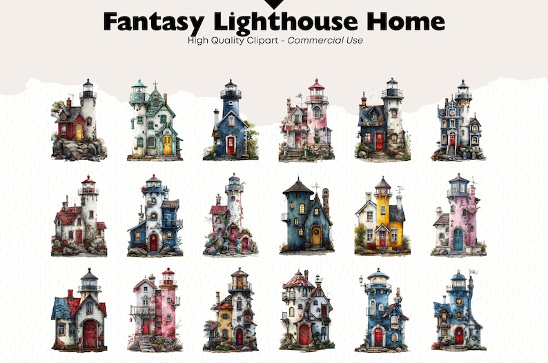 Fantasy Lighthouse Clipart Bundle, Rustic Lighthouse Home Watercolor ...