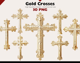 Gold Cross Clipart Bundle, Vintage Cross PNG, Religious Graphics Watercolor, Christian PNG Paper Crafts Digital Download, Cross Scrapbooking
