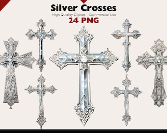 Silver Cross Watercolor Clipart Bundle Vintage Christian