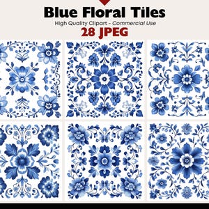May include: A collection of blue and white floral tile designs. Each tile features a unique arrangement of flowers and leaves in a classic blue and white color scheme. The text "Blue Floral Tiles" is at the top.