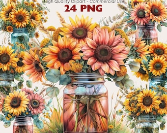Op de afbeelding: Digitale illustratie met zonnebloemen in glazen potten. De zonnebloemen hebben verschillende tinten geel, oranje en roze. De potten zijn gevuld met water en stelen, met de tekst "Sunflowers in Jars" en "24 PNG".