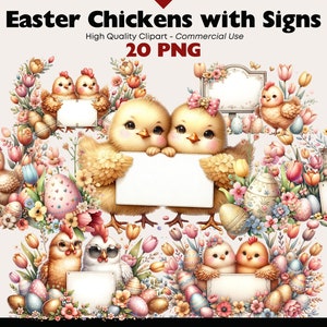 Pasen kip clipartbundel, leeg paasbord png, haan met bord aquarel illustraties, vrolijk Pasen clipart digitale download