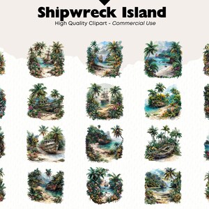 May include: A set of 20 digital illustrations featuring a tropical island with a shipwreck. The illustrations are in a watercolor style and feature lush greenery, palm trees, and a sandy beach.