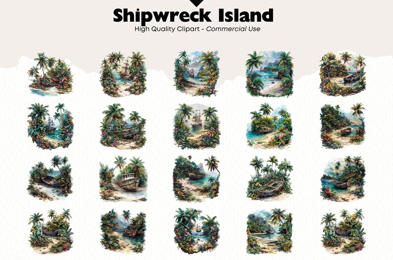 May include: A set of 20 digital illustrations featuring a tropical island with a shipwreck. The illustrations are in a watercolor style and feature lush greenery, palm trees, and a sandy beach.