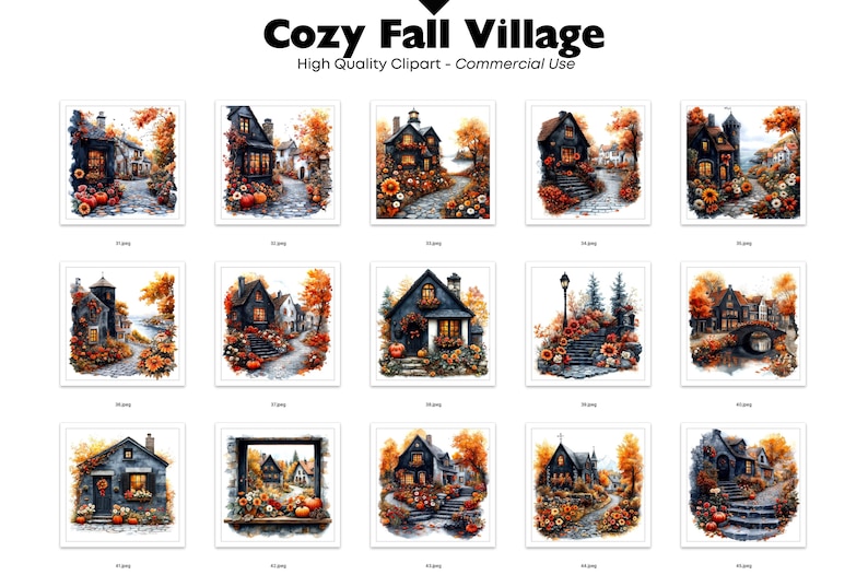 Cozy Fall Village JPEG Clipart Bundle Watercolor Autumn House Graphics ...
