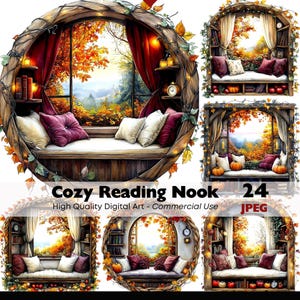 May include: Digital art of a cozy reading nook with a window overlooking an autumn landscape. The nook features a wooden bench with pillows, shelves with books, and red curtains. The image includes the text "Cozy Reading Nook".