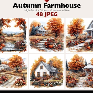 Cozy Autumn Farmhouse JPEG Clipart Bundle Watercolor Country House Graphics Digital Download Clipart Paper Crafts Fall Nature Scrapbooking