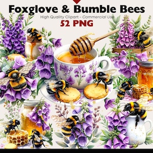 Honungsbi PNG Clipart, Fingerborgsblommig akvarell, Cottagecore lavendelte utskrivbar humla digital nedladdning skräpjournal scrapbooking