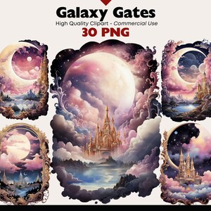 Celestial Gate Clipart, Fantasy Galaxy Wall Art, Heavens Gate Clipart Bundle, Celestial Portal PNG, Magical Junk Journal, Moon Frame PNG