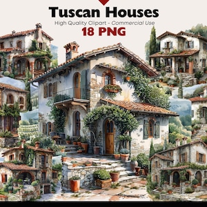 Tuscan Houses Clipart Bundle Italian Landscape Watercolor Cottage Png Digital Download Landscape Graphics Paper Crafts Scrapbooking