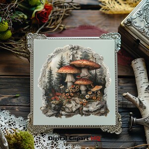 May include: A framed illustration of three red and white mushrooms growing on a rock in a forest setting. The mushrooms are surrounded by green foliage and small white flowers. The frame is silver with ornate details.