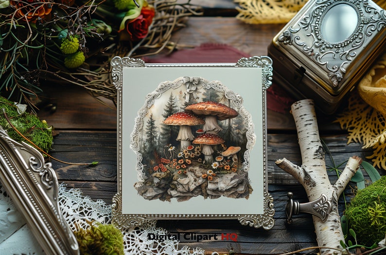 May include: A framed illustration of three red and white mushrooms growing on a rock in a forest setting. The mushrooms are surrounded by green foliage and small white flowers. The frame is silver with ornate details.