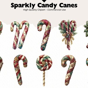 May include: A set of eight sparkly candy canes and a lollipop, all decorated with red, green, gold, and white swirls. The candy canes are in various shapes and sizes, and some have additional embellishments like holly leaves and berries.