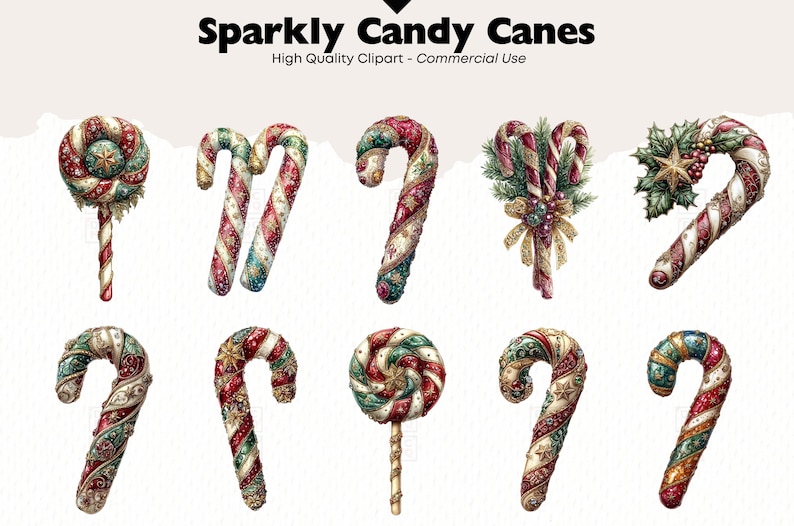 May include: A set of eight sparkly candy canes and a lollipop, all decorated with red, green, gold, and white swirls. The candy canes are in various shapes and sizes, and some have additional embellishments like holly leaves and berries.