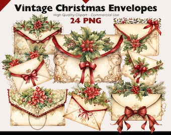 Vintage Christmas Envelopes Clipart, Antique Mail PNG, Retro Envelope Graphics, Santas Letter Illustrations, Vintage Santa Envelope PNG