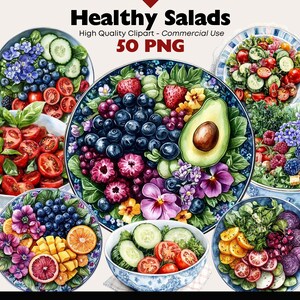 Healthy Salad Clipart Bundle Watercolor Wholesome Meal PNG Fruit Salad Graphics Digital Download Wellness Food Watercolor Paper Crafts