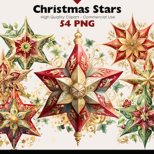 Christmas Star Clipart Bundle, Christmas Ornaments Watercolor, Cute Christmas Printable, Traditional Star PNG Ornaments Digital Download