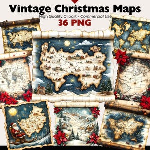 Może przedstawiać: Kolekcja starych map bożonarodzeniowych w różnych stylach. Mapy są zwinięte i ozdobione świątecznymi elementami, takimi jak poinsecje i Święty Mikołaj. Tekst "Vintage Christmas Maps" znajduje się na górze.