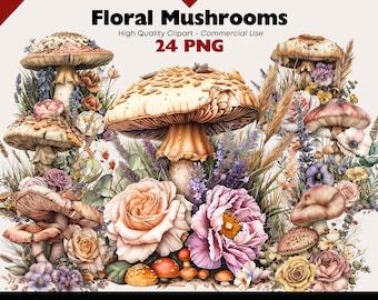 Floral Mushroom Clipart Bundle, Fantasy Portobello Watercolor Illustrations, Fairytale Printable, Whimsical Mushroom PNG Digital Download