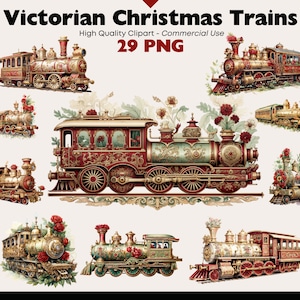 Paquete de imágenes prediseñadas de tren de Navidad vintage, PNG de acuarela de tren victoriano, imágenes de locomotora roja floral, gráficos de invitación de vacaciones doradas