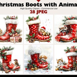 May include: Watercolor illustrations of Christmas boots with various animals. The boots are red with white trim and polka dots, decorated with holly and gifts. Animals include a rabbit, raccoon, kitten, puppy, and squirrel. The text "Christmas Boots with Animals" is at the top.