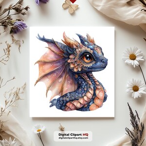 May include: A watercolor illustration of a baby dragon with blue scales, orange and pink wings, and large orange eyes. The dragon is set against a white background. The text "Digital Clipart HQ digitalcliparthq.etsy.com" is in the lower right corner.