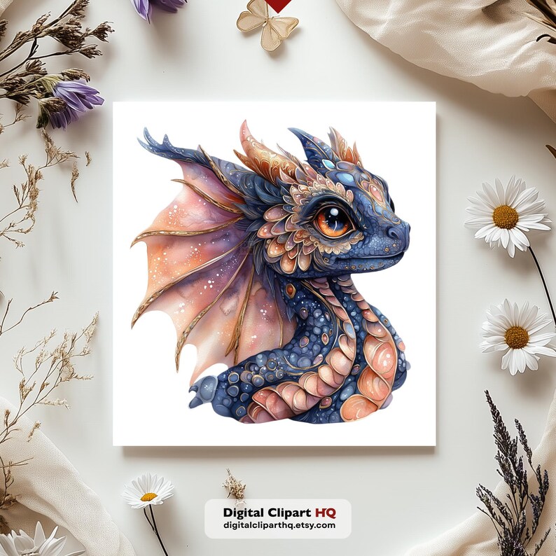 May include: A watercolor illustration of a baby dragon with blue scales, orange and pink wings, and large orange eyes. The dragon is set against a white background. The text "Digital Clipart HQ digitalcliparthq.etsy.com" is in the lower right corner.