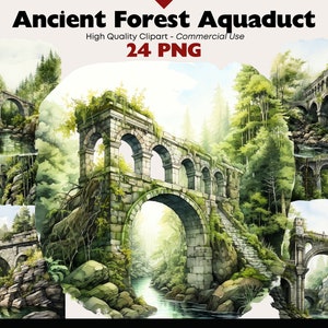 Puede incluir: Una ilustración de acuarela de un antiguo puente de acueducto de piedra en un exuberante bosque verde. El puente está cubierto de enredaderas y musgo, y el agua fluye por debajo. La imagen está dividida en varias secciones, mostrando diferentes ángulos del puente.