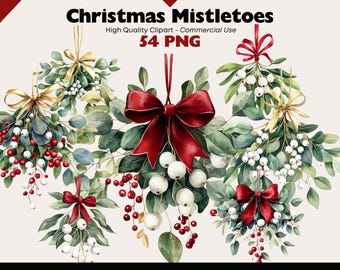 Imágenes prediseñadas de muérdago navideño en formato PNG, muérdago navideño con lazos, imágenes prediseñadas de vegetación invernal, decoraciones de bayas rojas y blancas, conjunto festivo en formato PNG.