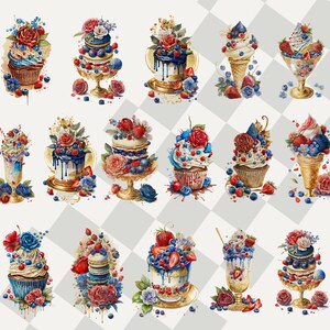 Puede incluir: Una colecci&oacute;n de 24 ilustraciones de acuarela de cupcakes, pasteles y conos de helado decorados con ar&aacute;ndanos, fresas y flores. Las ilustraciones est&aacute;n en tonos de azul, rojo, blanco y dorado.