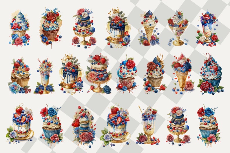 Puede incluir: Una colecci&oacute;n de 24 ilustraciones de acuarela de cupcakes, pasteles y conos de helado decorados con ar&aacute;ndanos, fresas y flores. Las ilustraciones est&aacute;n en tonos de azul, rojo, blanco y dorado.