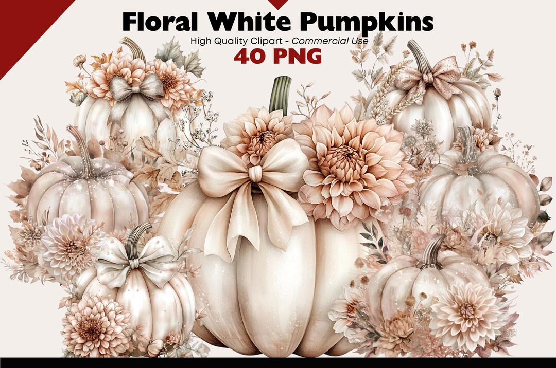 Floral White Pumpkins Clipart Bundle Fall Decorations Watercolor Png ...