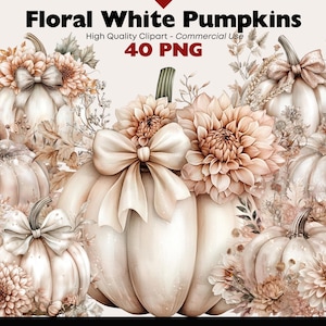 Floral White Pumpkins Clipart Bundle Fall Decorations Watercolor Png Pumpkin with Leaves Graphics Digital Download Paper Crafts Scrapbooking