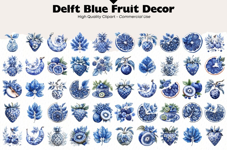 Delft Blue Fruit Clipart Bundle Watercolor Dutch Delft Style PNG ...