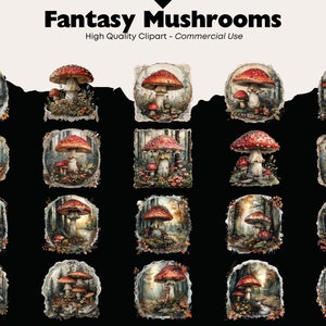 May include: Twenty-four digital illustrations of red and white mushrooms in a forest setting. The mushrooms are surrounded by green leaves and brown tree trunks. The background is a dark forest with a light shining through the trees. The illustrations are in a vintage style with a distressed border.