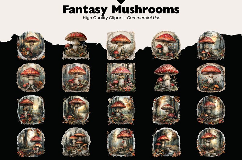 May include: Twenty-four digital illustrations of red and white mushrooms in a forest setting. The mushrooms are surrounded by green leaves and brown tree trunks. The background is a dark forest with a light shining through the trees. The illustrations are in a vintage style with a distressed border.